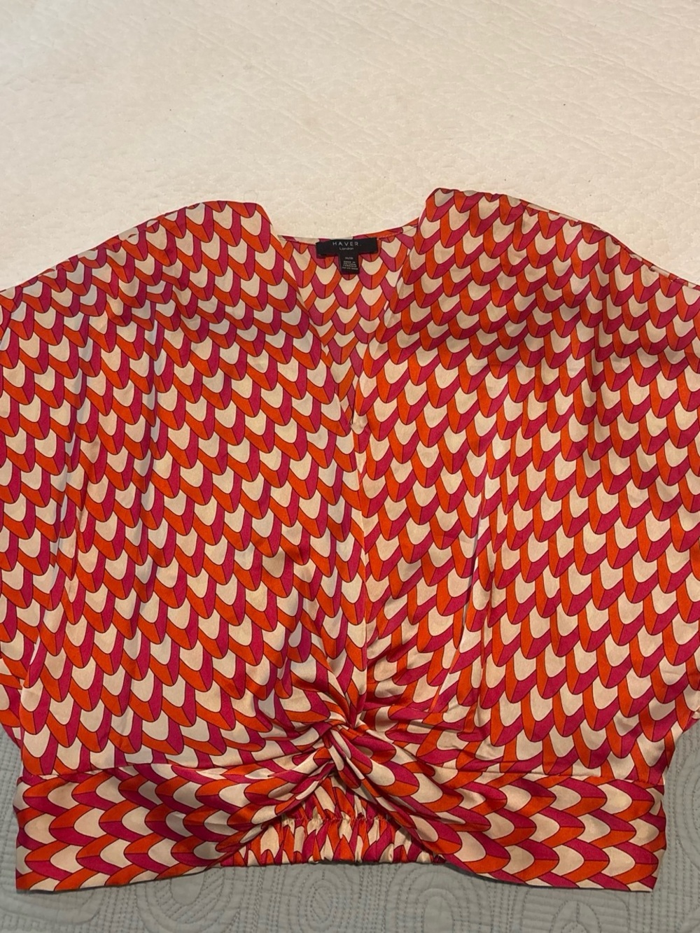 Have Red, Cream & Orange Geometric Knot-Front Crop Top